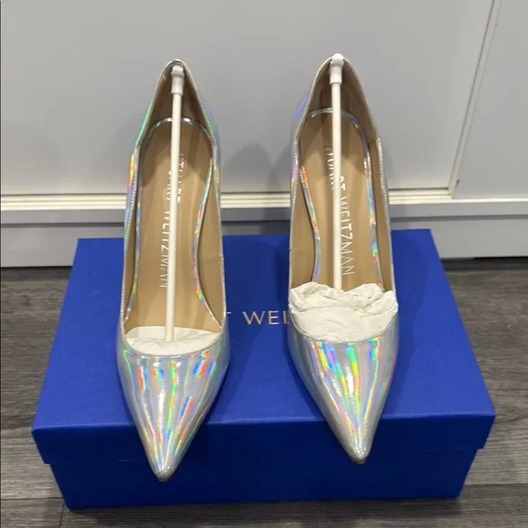 Stuart Weitzman Silver Scalloped Iridescent Patent Heels